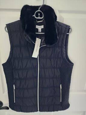 Calvin Klein Black Quilted Vest with Faux-Fur Collar